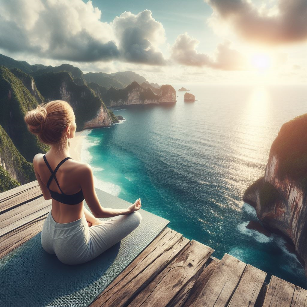 Woman on mat meditating yoga cliff ocean